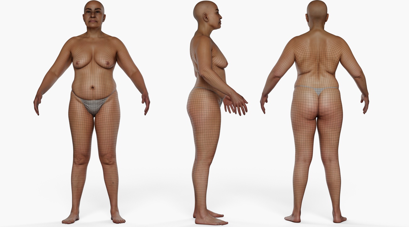 Wireframe topology overlay on a fuller-figured female 3D scan showing clean quad mesh edge loops across the full body